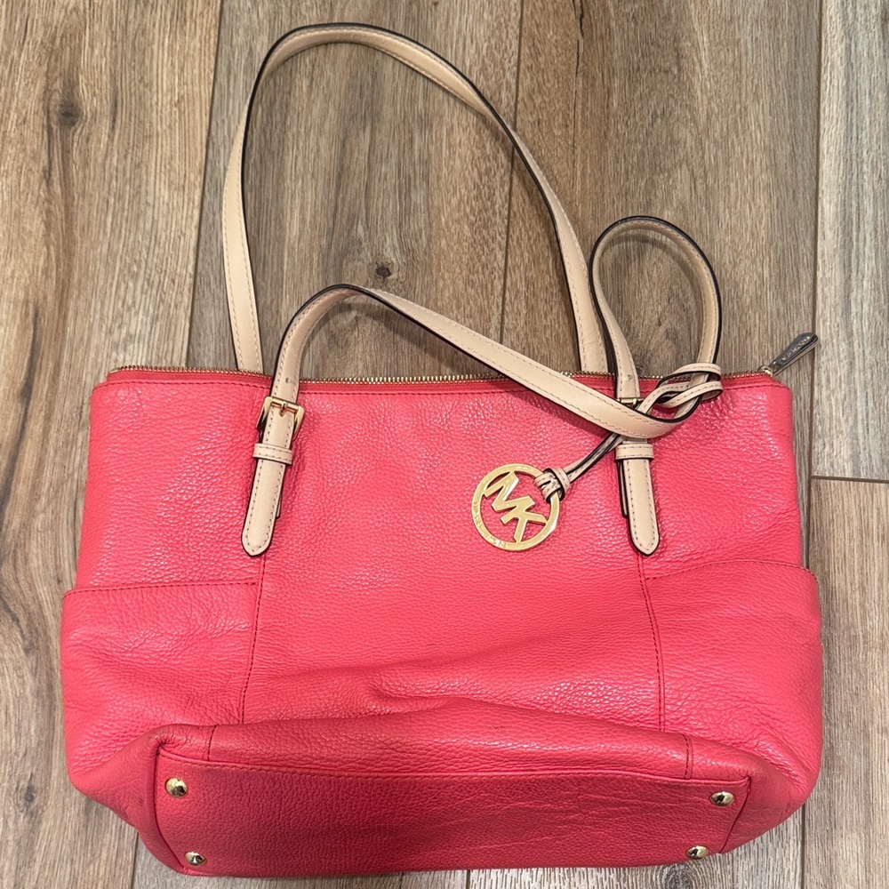 Michael Kors Coral Leather Tote with Tan Straps